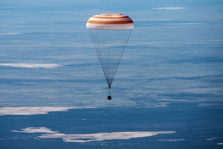 The Soyuz MS-15 spacecraft is seen as it lands in a remote area near the town of Zhezkazgan, Kazakhstan with Expedition 62 crew members Jessica Meir and Drew Morgan of NASA, and Oleg Skripochka of Roscosmos, Friday, April 17, 2020. Meir and Skripochka returned after 205 days in space, and Morgan after 272 days in space. All three served as Expedition 60-61-62 crew members onboard the International Space Station. Credits: NASA/GCTC/Andrey Shelepin