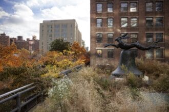 Installation view of Barry Flanagan in the Kasmin Sculpture Garden. © 2020 The Estate of Barry Flanagan. Photo by Diego Flores. Inquire.