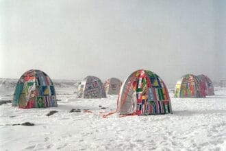 Lucy + Jorge Orta, Antarctic Village - No Borders, 2007. Ephemeral installation of Antarctic Village, North, South East and West villages across the Antarctic Peninsula from March to April 2007, various dimensions. Image courtesy of Lucy + Jorge Orta. Photo Thierry Bal / ADAGPPress