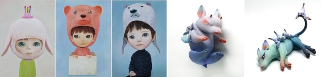 L-R: Mayuka Yamamoto’s “Little Sheep Boy,” “Little Red Bear,” and “Little Polar Bear,” plus Erika Sanada’s “Chikkoi Warrior – Drowsiness” and “Quartet”