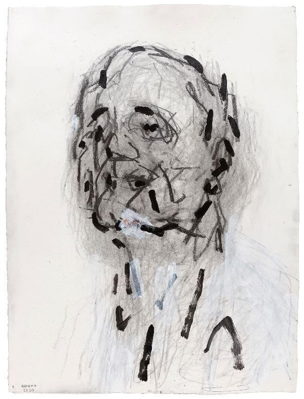 Frank Auerbach, Self-Portrait IX, graphite and acrylic on paper, 2020, Courtesy Marlborough Gallery, London