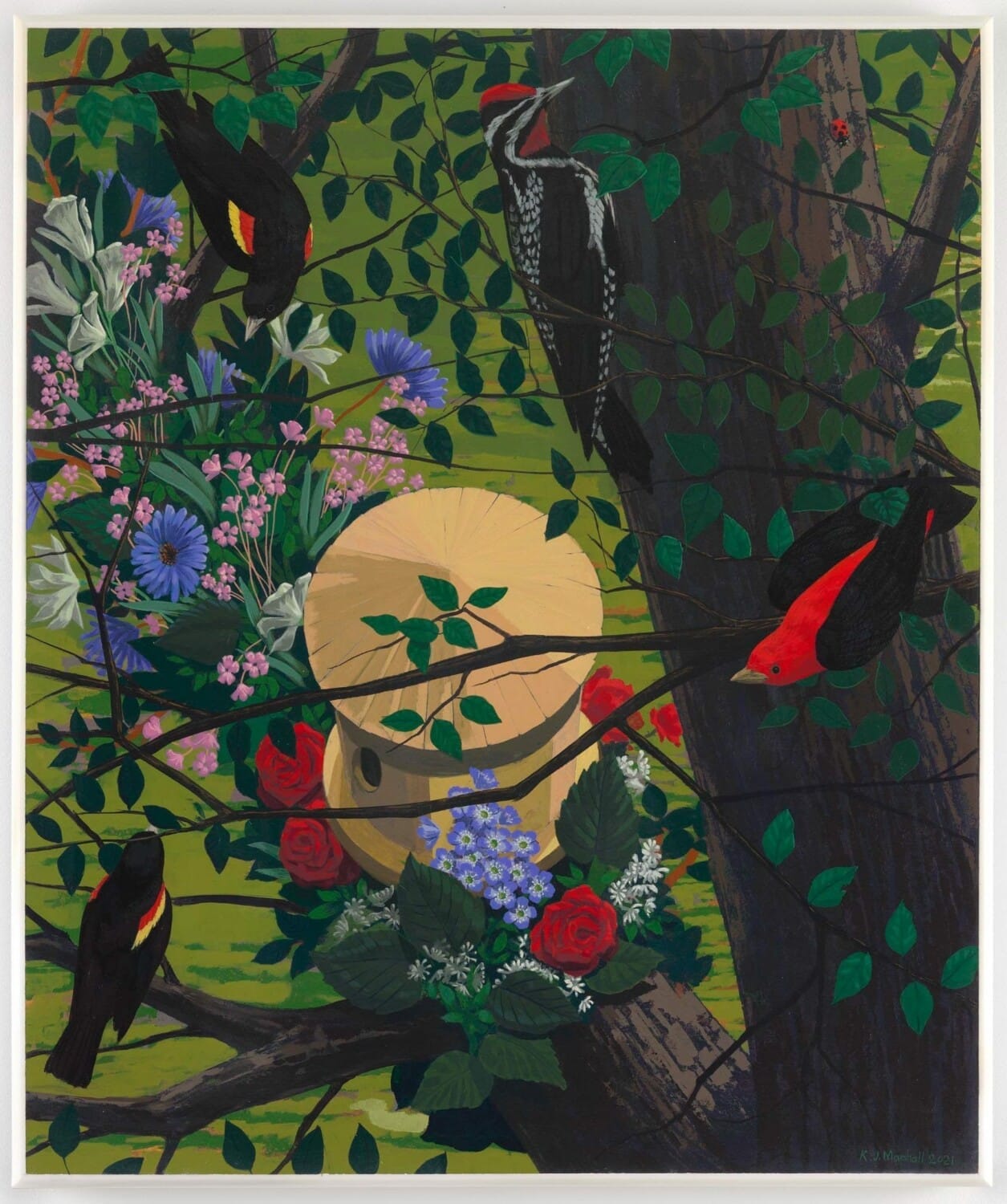 Kerry James Marshall, Black and part Black Birds in America (Red wing Blackbirds, Yellow Bellied Sapsucker, Scarlet Tanager), 2021. © Kerry James Marshall