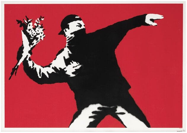 Banksy (Born 1974), Love is in the Air, screenprint in colours, 2003. Estimate: £300,000 - 500,000.