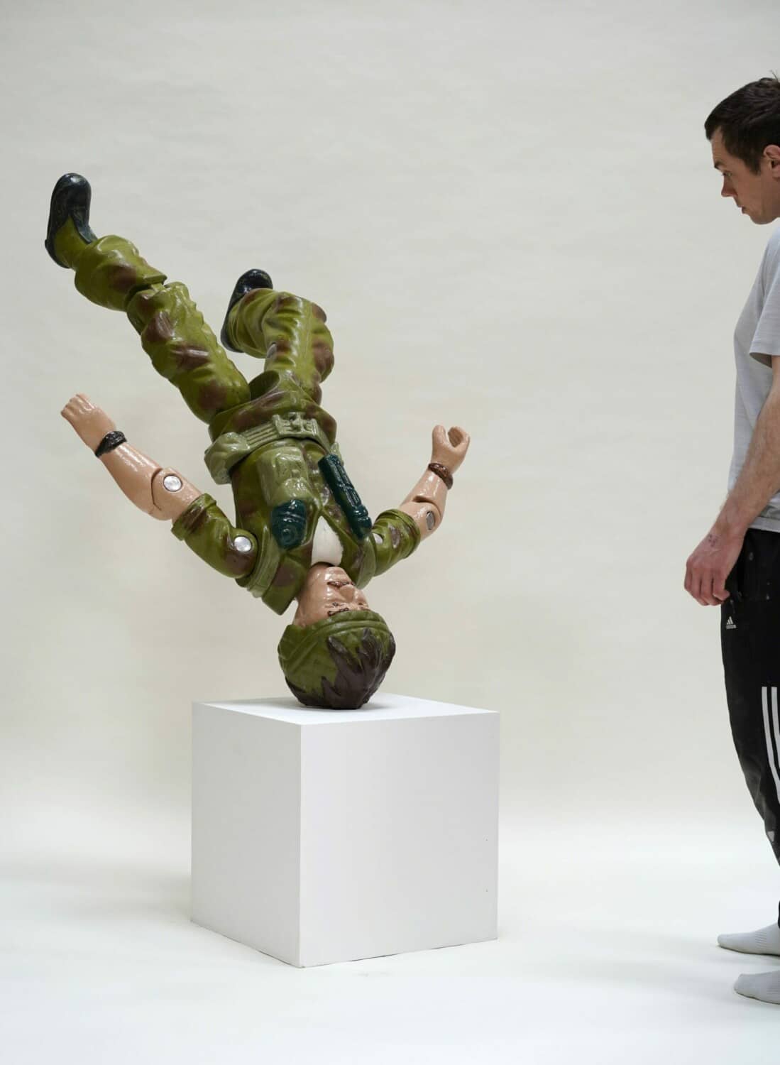 2021 Michael John Hunter and Falling Army Man Toy sculpture work, 2021. Courtesy of the artist and JPS Gallery.