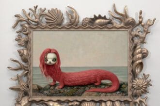 Mark Ryden, Red Siren (#156), 2021, oil on panel with carved and gilded wood frame, 17 x 24 inches, 43.2 x 61 cm; 28 x 36 x 2 inches, framed, 71.12 x 91.44 x 5 cm. Courtesy of the artist.