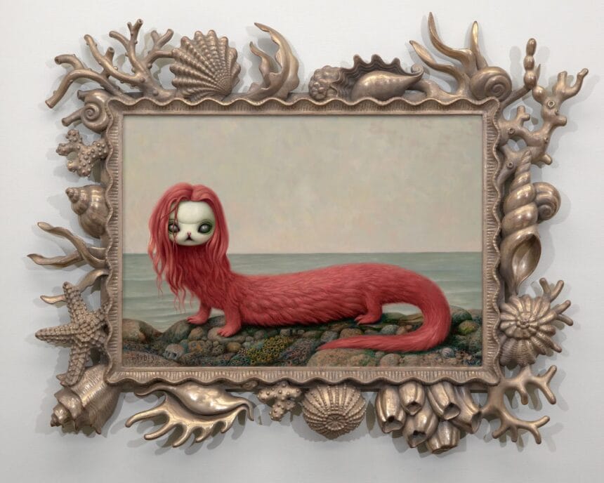 Mark Ryden, Red Siren (#156), 2021, oil on panel with carved and gilded wood frame, 17 x 24 inches, 43.2 x 61 cm; 28 x 36 x 2 inches, framed, 71.12 x 91.44 x 5 cm. Courtesy of the artist.