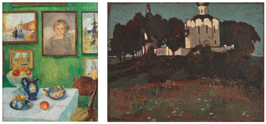 Left: Boris Mikhaylovich Kustodiev (Russian, 1878-1927), Interior. Estimate: 70,000 - 90,000. Right: Nikolai Konstantinovich Roerich (1874-1947), 'Ancient church of the Intercession of the Holy Virgin' at city of Vladimir. Estimate: £60,000-80,000.