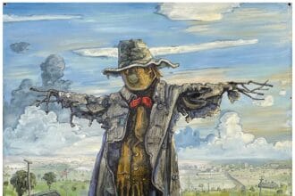 Amer Kobaslija, Scarecrow with Ducks, 2021. Oil on unstretched canvas with grommets, 81 x 61 inches.