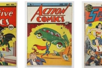 Left to Right: Detective Comics No. 27, the first appearance of Batman, May 1939; Action Comics No. 1, the first appearance of Superman, June 1938; Sensation Comics No. 1, the first appearance of Wonder Woman, January 1942