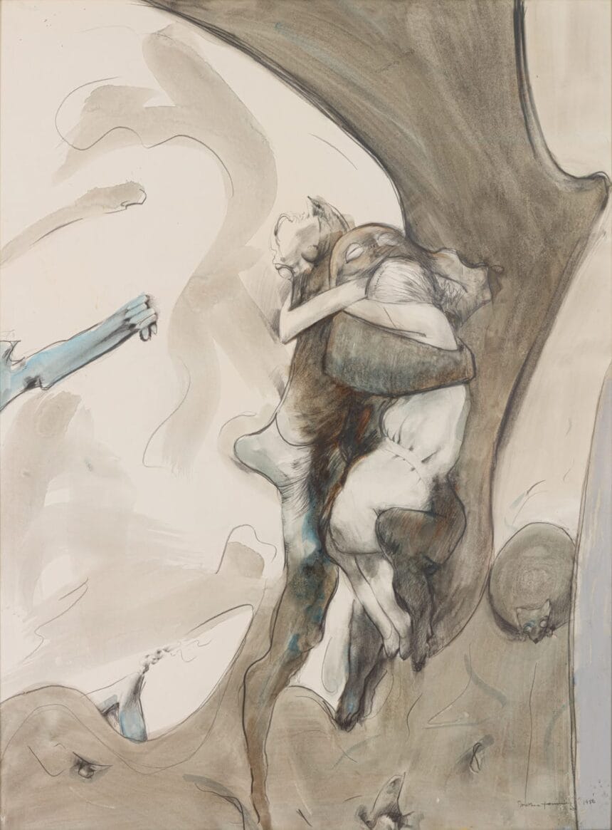 Dorothea Tanning, Different People, 1986, watercolor and graphite on paper, 40 x 30 inches, 101.6 x 76.2 cm. © 2020 Artists Rights Society (ARS), New York / ADAGP, Paris. Photography by Christopher Stach.