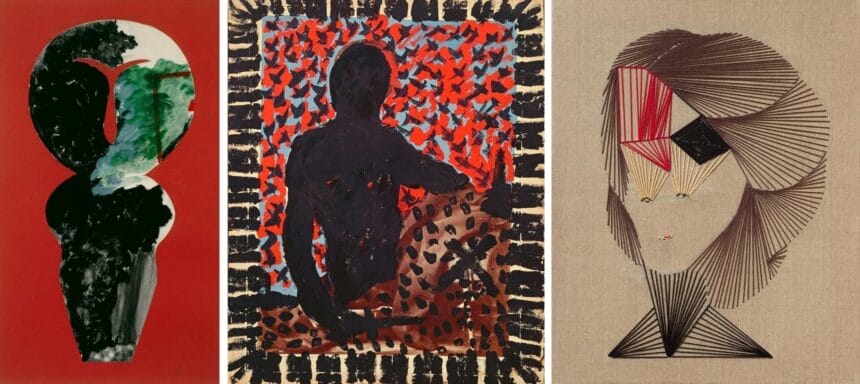 Left: Jean Arp, "Faole", 1960. Collage on paper, 58 x 35 cm Center: A.R. Penck, "TM Mike Hammer", 1974. Dispersion on canvas, 61.5 x 50.5 cm Right: Enrico David, "Untitled", 2020. Cotton thread on linen, 50 x 40 cm