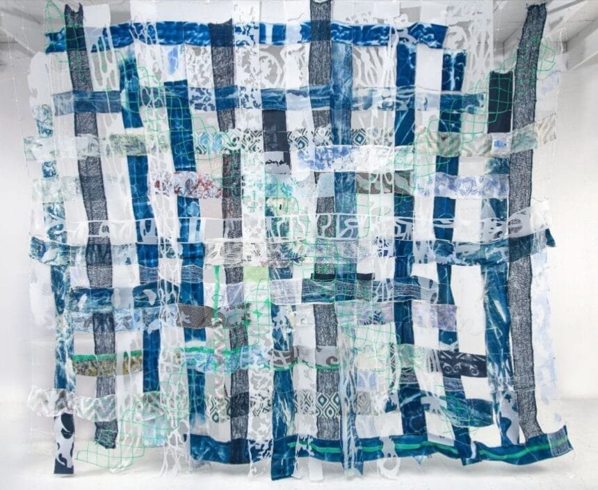 Fran Siegel, Henri's Open Fortress, 2018/19, pigment on cotton scrim (3 densities), indigo dye on burlap, cyanotype, drawings and frottage on paper, cut drafting film, sewing, and collage woven through plastic grid and construction barrier, 120 x 150 in.