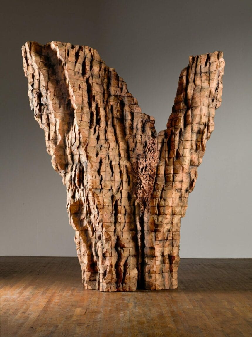 Ursula von Rydingsvard. “V” Stop, 2015, Cedar, graphite, 103h x 87w x 40d in