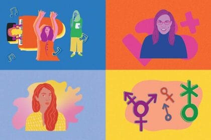 Four different colourful illustrations appear in a grid. The first illustration depicts several women – one is playing piano, one is dancing and the third woman is reading poetry; the second illustration is of a woman in her fifties with glasses and medium length hair; the third illustration is of a woman in her thirties with long wavy hair; and the last illustration is of various gender symbols. Illustrator credit: Jessica Johnson, Nungala Creative