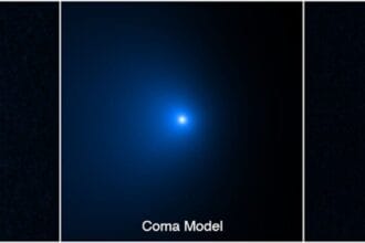 This sequence shows how the nucleus of Comet C/2014 UN271 (Bernardinelli-Bernstein) was isolated from a vast shell of dust and gas surrounding the solid icy nucleus. On the left is a photo of the comet taken by the NASA Hubble Space Telescope's Wide Field Camera 3 on January 8, 2022. A model of the coma (middle panel) was obtained by means of fitting the surface brightness profile assembled from the observed image on the left. This allowed for the coma to be subtracted, unveiling the point-like glow from the nucleus. Combined with radio telescope data, astronomers arrived at a precise measurement of the nucleus size. That's no small feat from something about 2 billion miles away. Though the nucleus is estimated to be as large as 85 miles across, it is so far away it cannot be resolved by Hubble. Its size is derived from its reflectivity as measured by Hubble. The nucleus is estimated to be as black as charcoal. The nucleus area is gleaned from radio observations. Credits: NASA, ESA, Man-To Hui (Macau University of Science and Technology), David Jewitt (UCLA); Image processing: Alyssa Pagan (STScI)