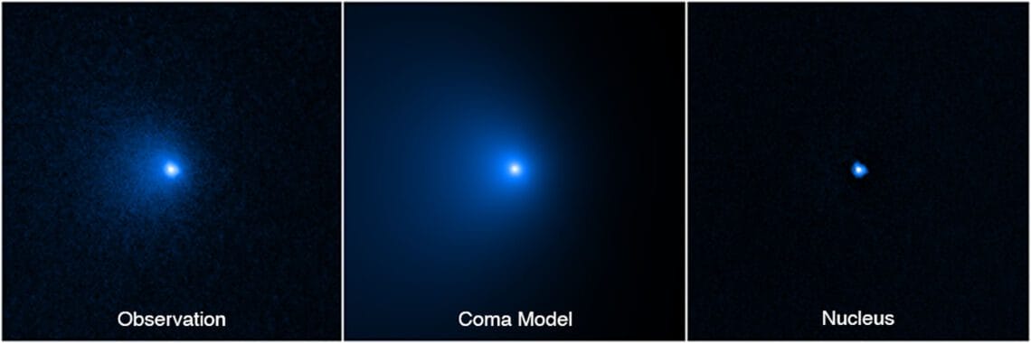 This sequence shows how the nucleus of Comet C/2014 UN271 (Bernardinelli-Bernstein) was isolated from a vast shell of dust and gas surrounding the solid icy nucleus. On the left is a photo of the comet taken by the NASA Hubble Space Telescope's Wide Field Camera 3 on January 8, 2022. A model of the coma (middle panel) was obtained by means of fitting the surface brightness profile assembled from the observed image on the left. This allowed for the coma to be subtracted, unveiling the point-like glow from the nucleus. Combined with radio telescope data, astronomers arrived at a precise measurement of the nucleus size. That's no small feat from something about 2 billion miles away. Though the nucleus is estimated to be as large as 85 miles across, it is so far away it cannot be resolved by Hubble. Its size is derived from its reflectivity as measured by Hubble. The nucleus is estimated to be as black as charcoal. The nucleus area is gleaned from radio observations. Credits: NASA, ESA, Man-To Hui (Macau University of Science and Technology), David Jewitt (UCLA); Image processing: Alyssa Pagan (STScI)