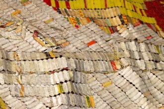 El Anatsui, (detail), 2021, aluminium and copper wire, 280 x 807cm- Courtesy the Artist and October Gallery, London