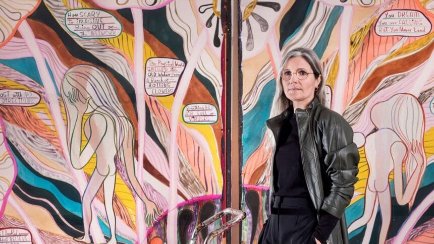 Emma Talbot, portrait in the artist's studio, pictured with When Screens Break, (2020). Photo by Thierry Bal.