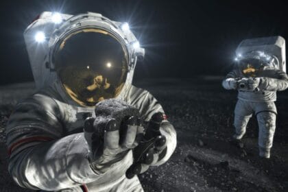 An artist’s illustration of two suited crew members working on the lunar surface. The one in the foreground lifts a rock to examine it while the other photographs the collection site in the background. Credits: NASA