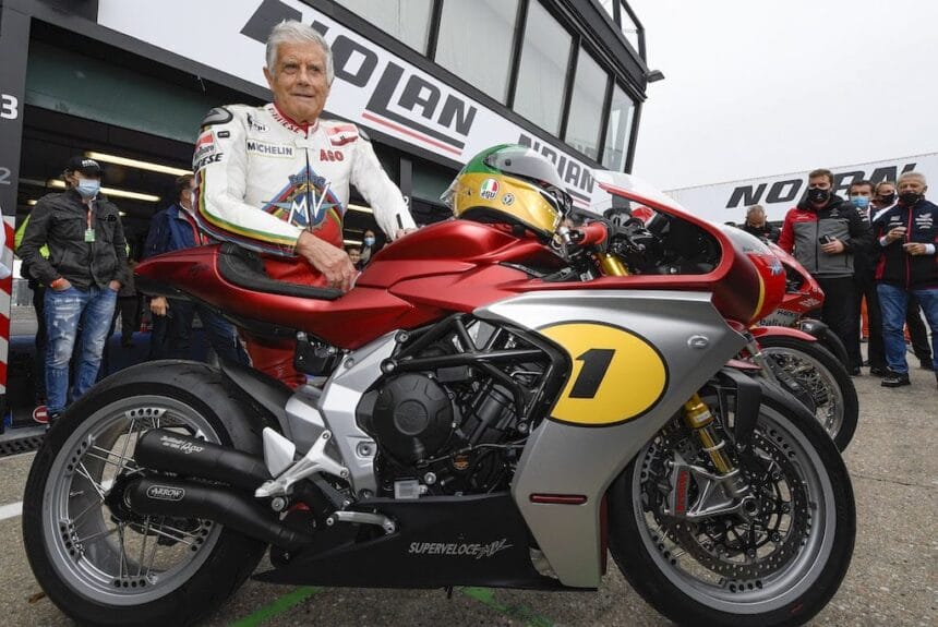 Giacomo Agostini with the MV Agusta 798cc Superveloce Ago Limited Edition