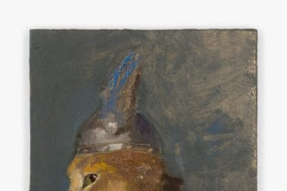 Seth Becker, Cat in Knight's Costume 2022. Oil on panel; 12 1/4 x 10 in (31.1 x 25.4 cm). Courtesy the artist, Pamela Salisbury Gallery, New York, and Venus Over Manhattan, New York.