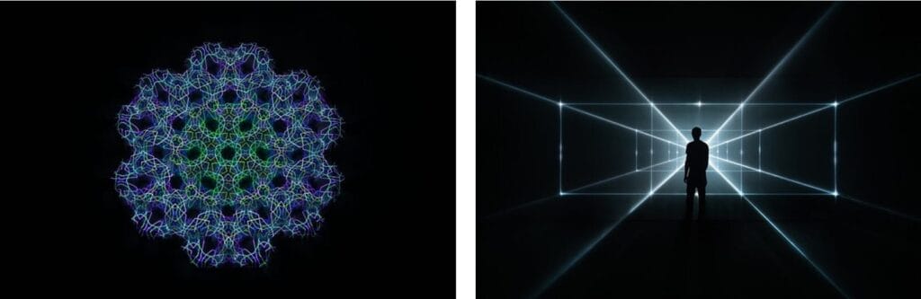 All images courtesy of the artists. Photos © Noor Riyadh 2022, a Riyadh Art program. 
Images  L – R: Zarah Hussain, Numina, 2022; UVA (United Visual Artists), Vanishing Point 3:1, 2019.