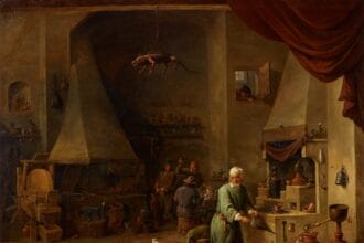 Interior of a laboratory with an Alchemist at work with a stuffed alligator hanging from a ceiling beam by David Teniers the Younger. Sold for £529,500