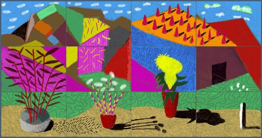 David Hockney, August 2021, Landscape with Shadows, Twelve iPad paintings comprising a single work, printed on paper, mounted on Dibond Edition of 25, 108.2 x 205 cm (42.5 x 80.75 Inches) © David Hockney