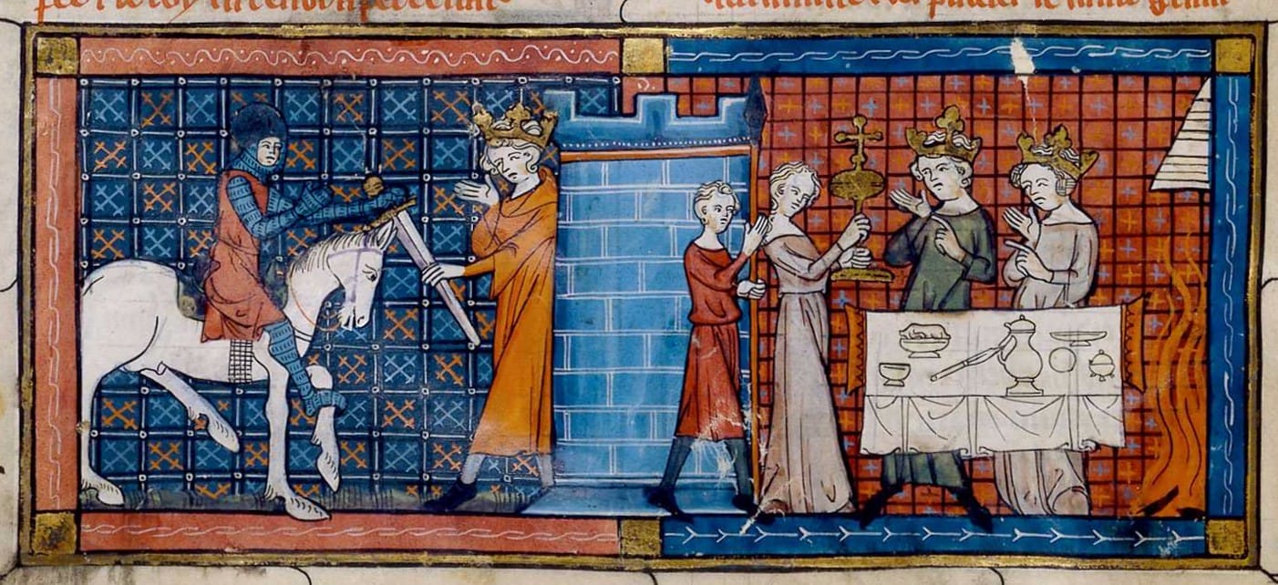 Perceval recevant une épée du roi Pêcheur.