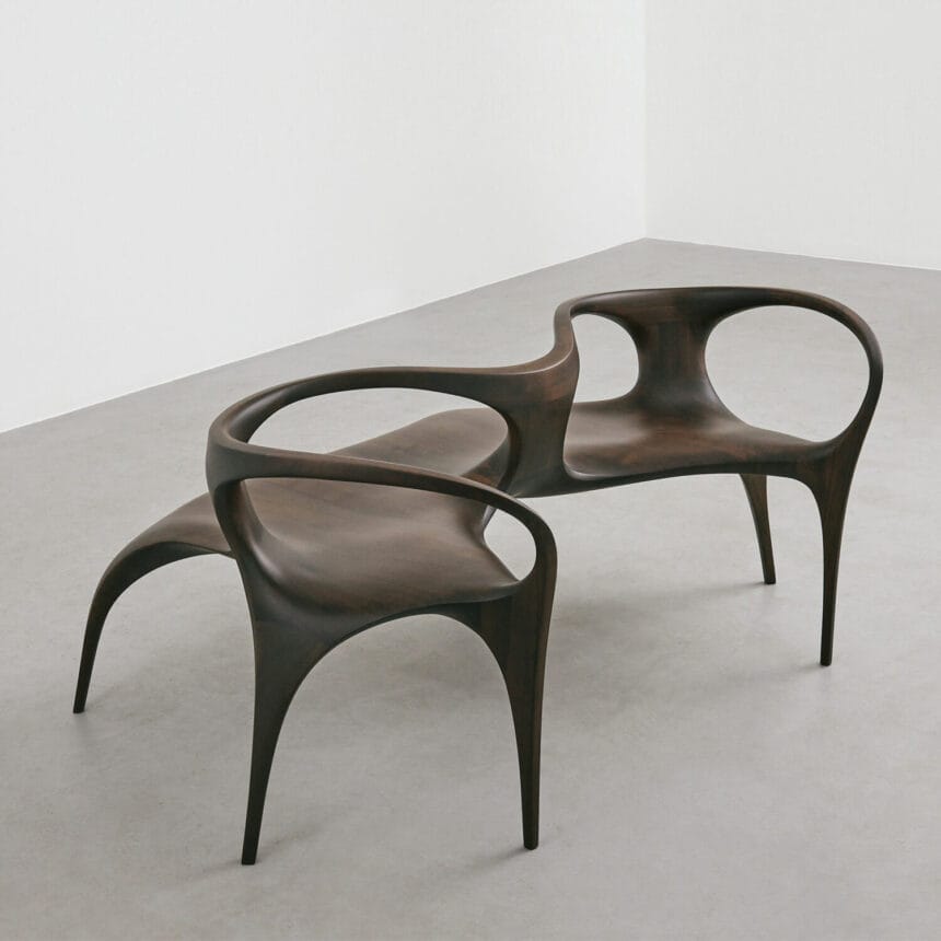 ZAHA HADID Three Seat Bench ‘UltraStellar’ 2016 American walnut H69 x L165 x D111 cm / H27.2 x L65 x D43.7 in David Gill Gallery, limited to 15 + 2P + 2AP