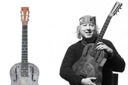 Left: A National Duolian Style-O Acoustic Guitar, 1931. Sold for £38,400. Right: Peter Green (Credit: Photographer Ross Halfin)