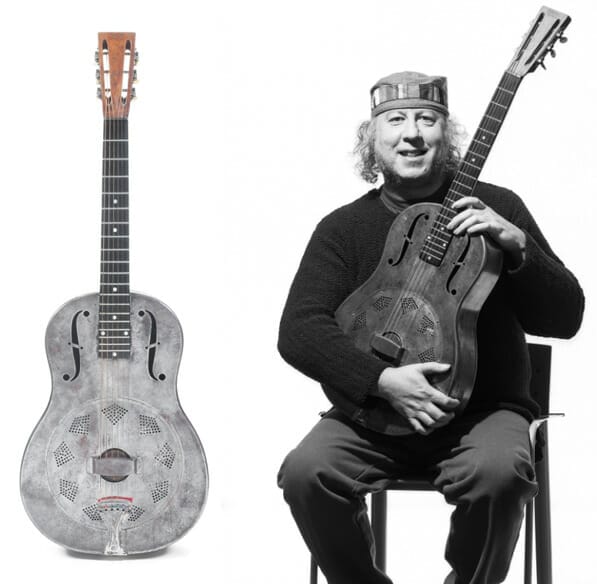 Left: A National Duolian Style-O Acoustic Guitar, 1931. Sold for £38,400. Right: Peter Green (Credit: Photographer Ross Halfin)