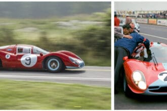 The 1967 Maranello Concessionaires’ Ferrari 412P, Chassis 0854. L-R: Credit Bonhams|Cars, Photo by Pawel Litwinski. 0854 as new in the pits at the 1967 Le Mans, Credit GP Library.