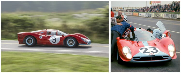 The 1967 Maranello Concessionaires’ Ferrari 412P, Chassis 0854. L-R: Credit Bonhams|Cars, Photo by Pawel Litwinski. 0854 as new in the pits at the 1967 Le Mans, Credit GP Library.