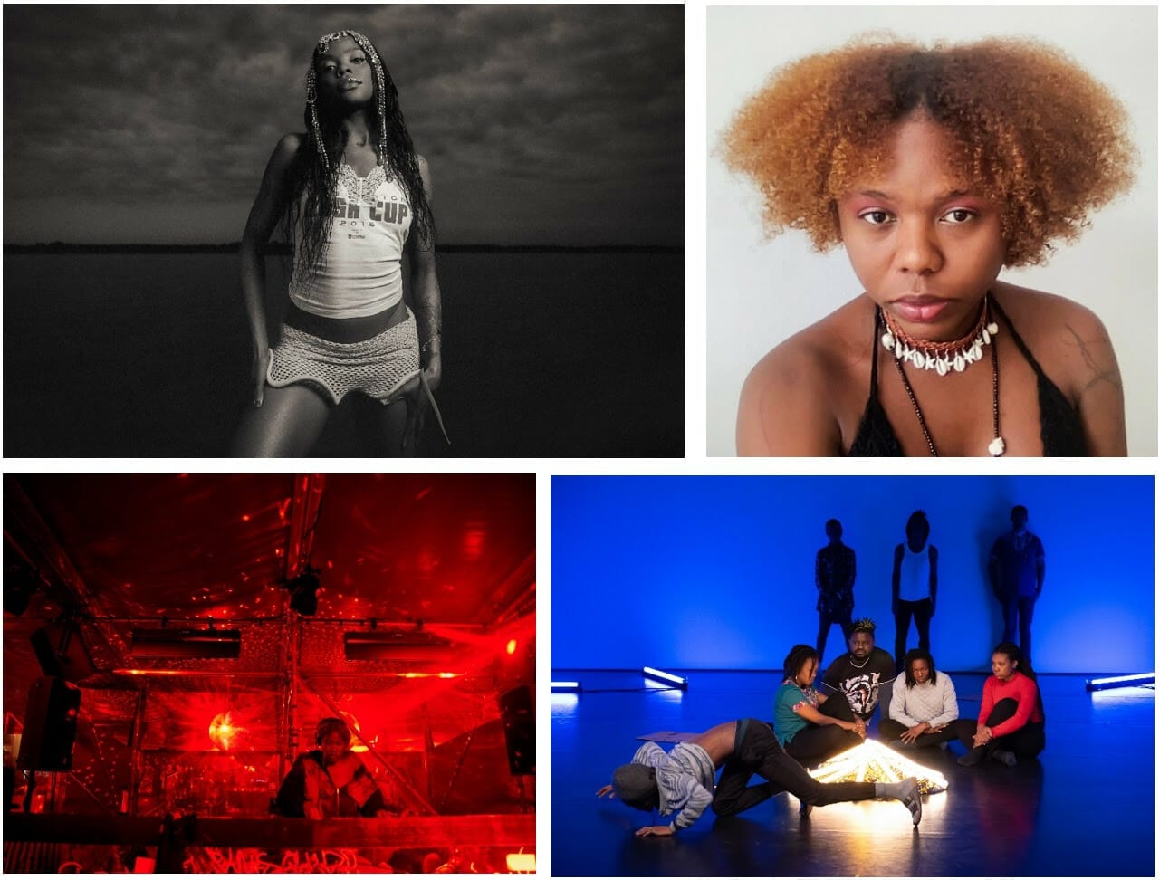 Credits: clockwise: Bambii, by Kirk Lisaj; Castiel Vittorino Brasileiro, courtesy of the artist; Christelle Oyiri, by Stephen Nthusi; The Living and The Dead Ensemble: The Wake, 2022 by Alain Monot.