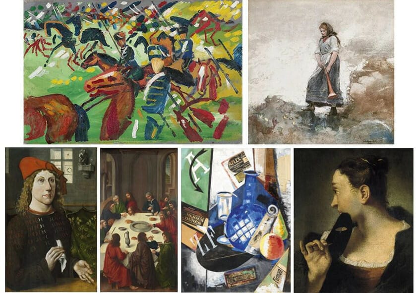 August Macke, Húsares al galope (1913); Winslow Homer, La hija del guardacostas (1881); Maestro del Juicio Final de Lüneburg, Retrato de un hombre joven (hacia 1485); Maestro de la Virgo inter Virgines (seguidor del), La última cena (hacia 1485); Alexandra Exter, Naturaleza muerta, 1913; Giambattista Piazzetta, Retrato de una joven de perfil con una máscara en la mano derecha (hacia 1720 – 1730).