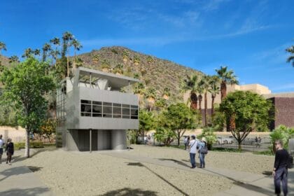 Caption: Aluminaire House™ on-site at Palm Springs Art Museum, 2023. Rendering by Claudia Cengher