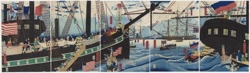 Utagawa Sadahide (1807–1873), Publisher: Yamaguchiya Tōbei (Kinkōdō) (active ca. 1843–47) Picture of Western Traders at Yokohama Transporting Merchandise (Yokohama kōeki seiyōjin nimotsu unsō no zu) 1861 (Man’en 2/ Bunkyū 1), 4th month Woodblock print (nishiki-e); ink and color on paper, Vertical ōban pentaptych Museum of Fine Arts, Boston, Edward S. Morse Memorial Fund, Frank B. Bemis Fund, and John Ware Willard Fund, 2021.110a–e