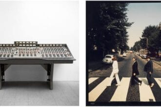 Left: The EMI TG12345 Mk I Recording Console Used By The Beatles at Abbey Road Studios to Record Their Groundbreaking Album 'Abbey Road' Estimate on request. Right: Iain Macmillan (British, 1938-2006) One of Two prints of The Beatles on Abbey Road, 1969. Estimate: £18,000 - 20,000.