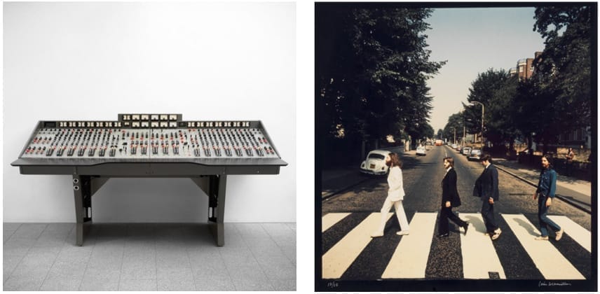 Left: The EMI TG12345 Mk I Recording Console Used By The Beatles at Abbey Road Studios to Record Their Groundbreaking Album 'Abbey Road' Estimate on request. Right: Iain Macmillan (British, 1938-2006) One of Two prints of The Beatles on Abbey Road, 1969. Estimate: £18,000 - 20,000.