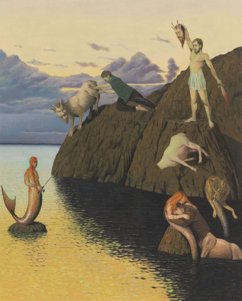 KANG Cheolgyu, Mermaids Fishing, Goats Falling, 2024, Oil on canvas, 160 x 130.3 cm
©KANG Cheolgyu. Courtesy of the Artist and ARARIO GALLERY.
