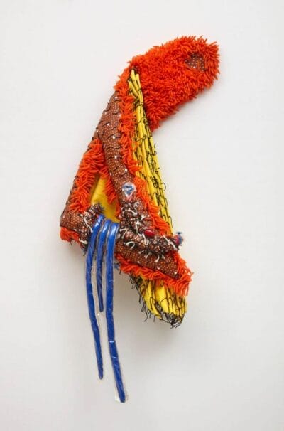 Three Blue Fingers, 1969. Acrylic, yarn and crochet thread on canvas stuffed with cotton batting, plastic, and wood.