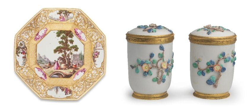 Left: A Meissen octagonal plate from the 'Christie-Miller' service, circa 1740. Estimate: £10,000-15,000. Right: An extremely rare pair of gilt-bronze-mounted Chantilly tobacco jars and covers, circa 1740. Estimate: £6,000-8,000.