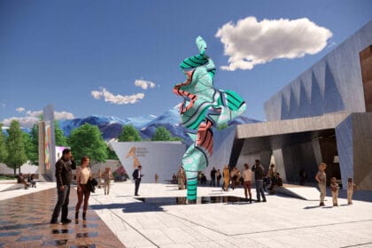 Visualisation of Yinka Shonibare CBE, Wind Sculpture (TG) II, 2024 and the Almaty Museum of Arts East Entrance. Visual render by Chapman Taylor. © Yinka Shonibare CBE.