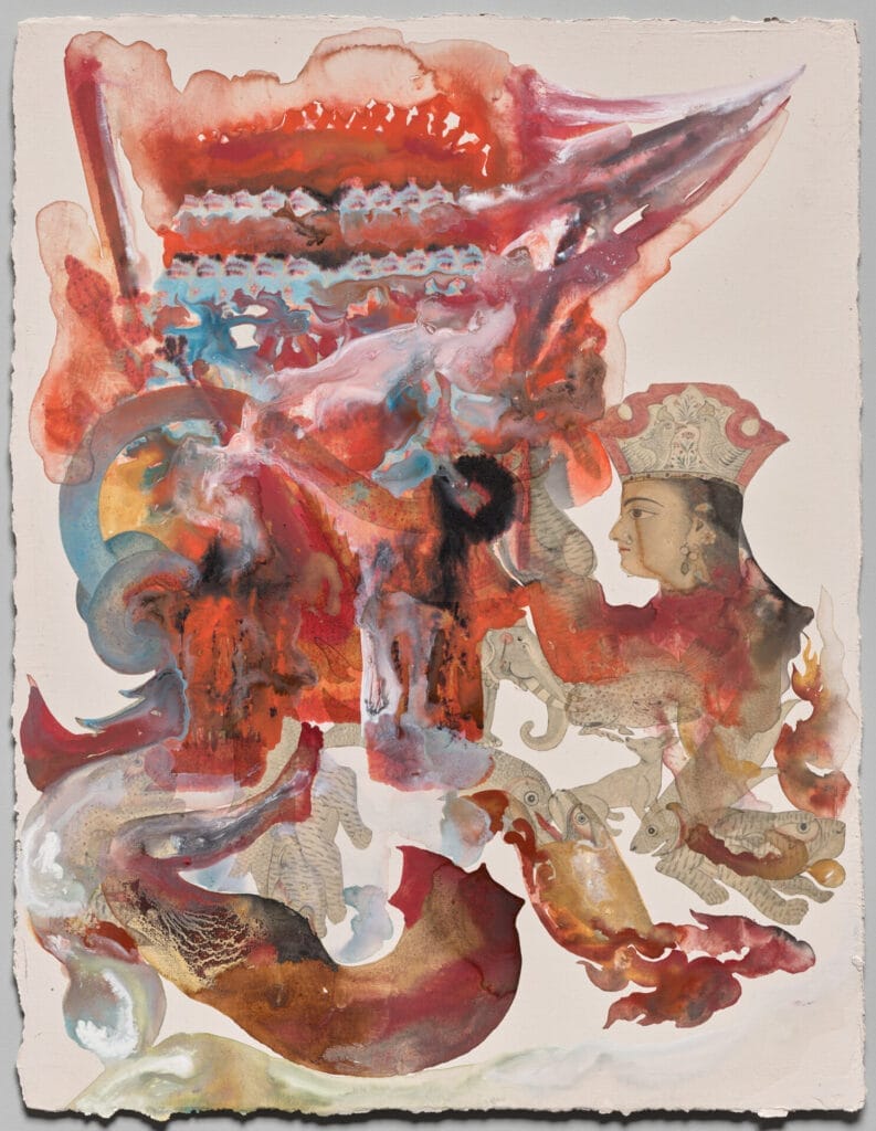 Empire Follows Art: States of Agitation 11, 2020. Shahzia Sikander (Pakistani American, b. 1969). Color digital printing, watercolor, and gouache on prepared wove paper; 40.6 x 30.5 cm. The Cleveland Museum of Art, Norman O. Stone and Ella A. Stone Memorial Fund, 2021.103. © Shahzia Sikander, courtesy of the artist and Sean Kelly, New York / Los Angeles